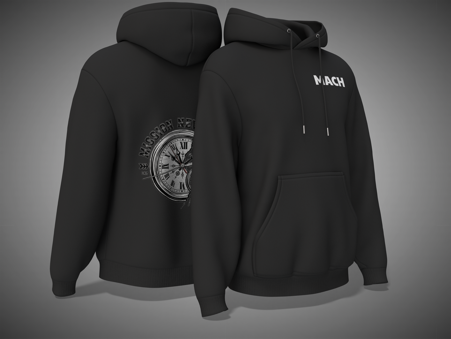 Black hoodie with a clock design on the back and 'MACH' branding on the front, shown from front and back views.