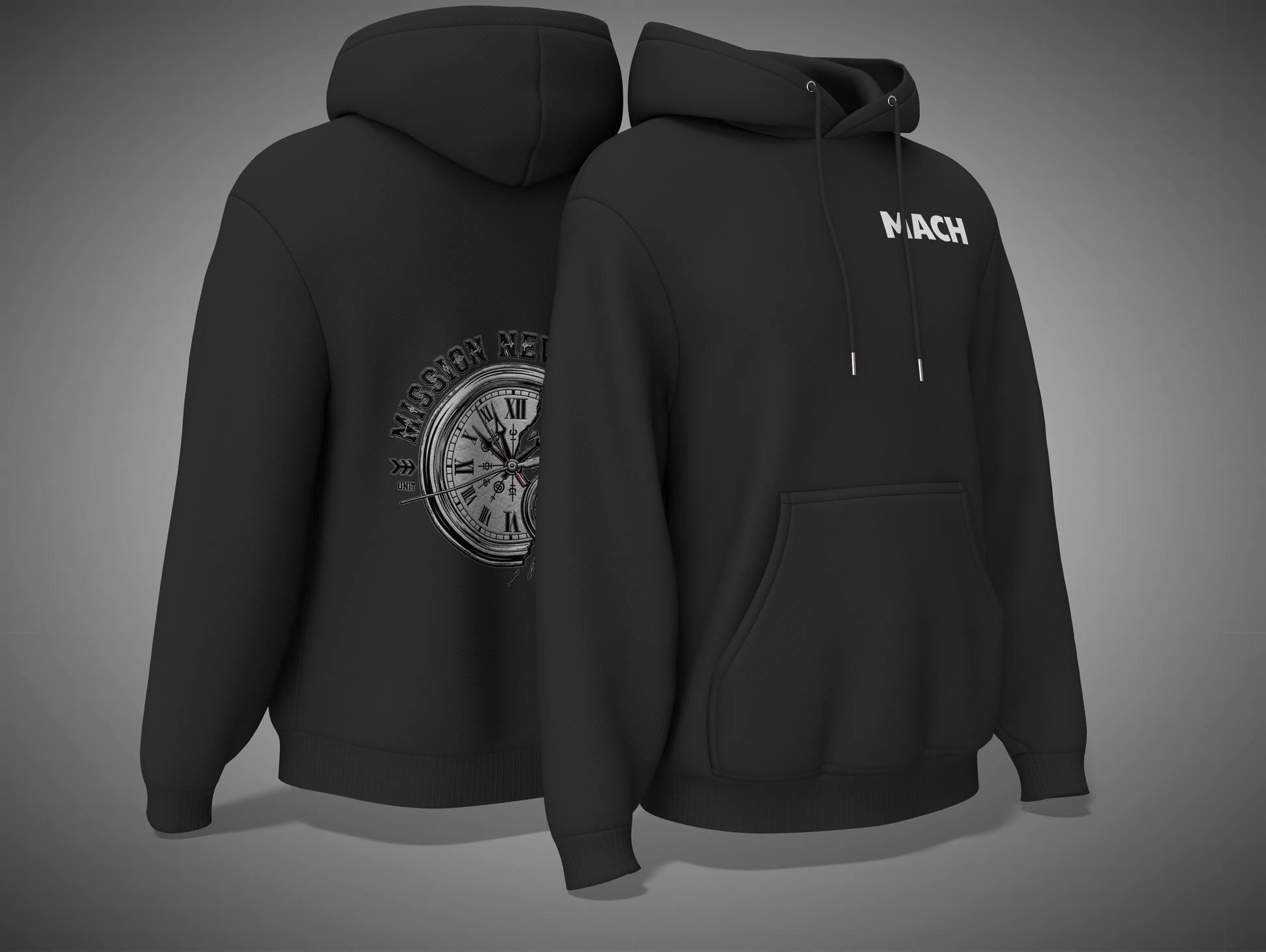 Black hoodie with a clock design on the back and 'MACH' branding on the front, shown from front and back views.