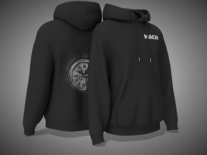 Black hoodie with a clock design on the back and 'MACH' branding on the front, shown from front and back views.