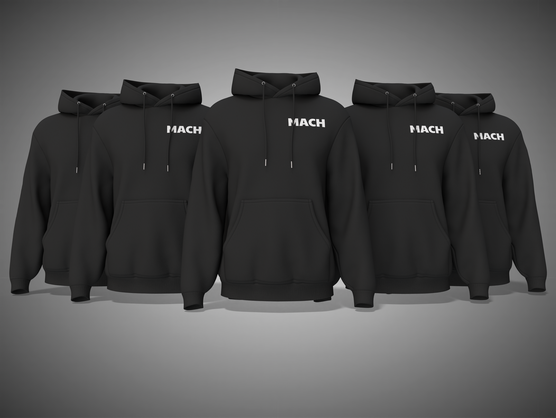 Five black hoodies with 'MACH' branding on a gray background