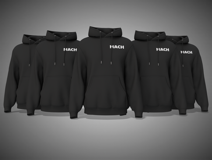 Five black hoodies with 'MACH' branding on a gray background