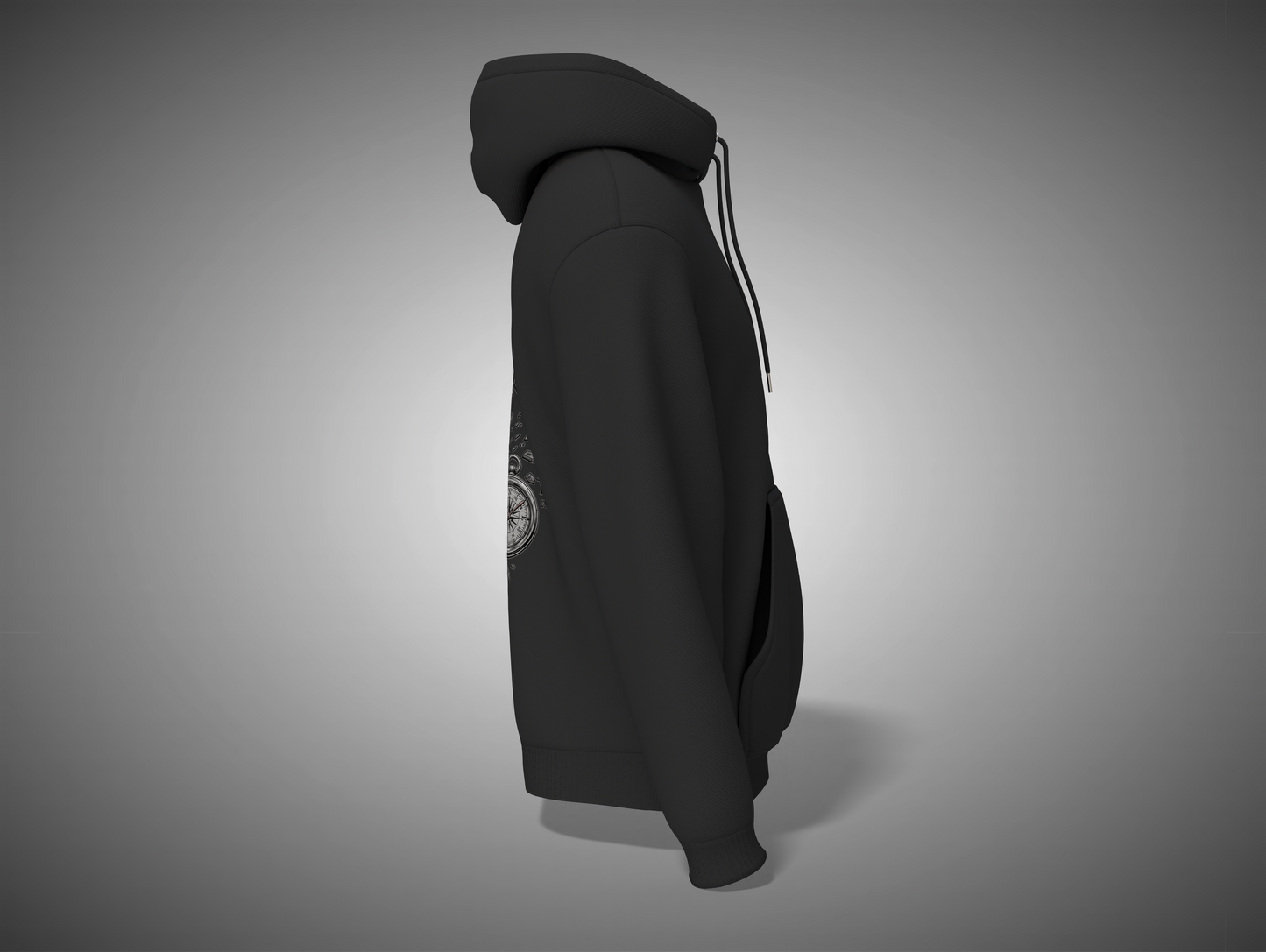 Black hoodie with a logo on the sleeve against a gray background