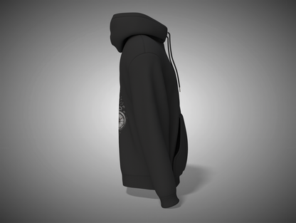 Black hoodie with a logo on the sleeve against a gray background
