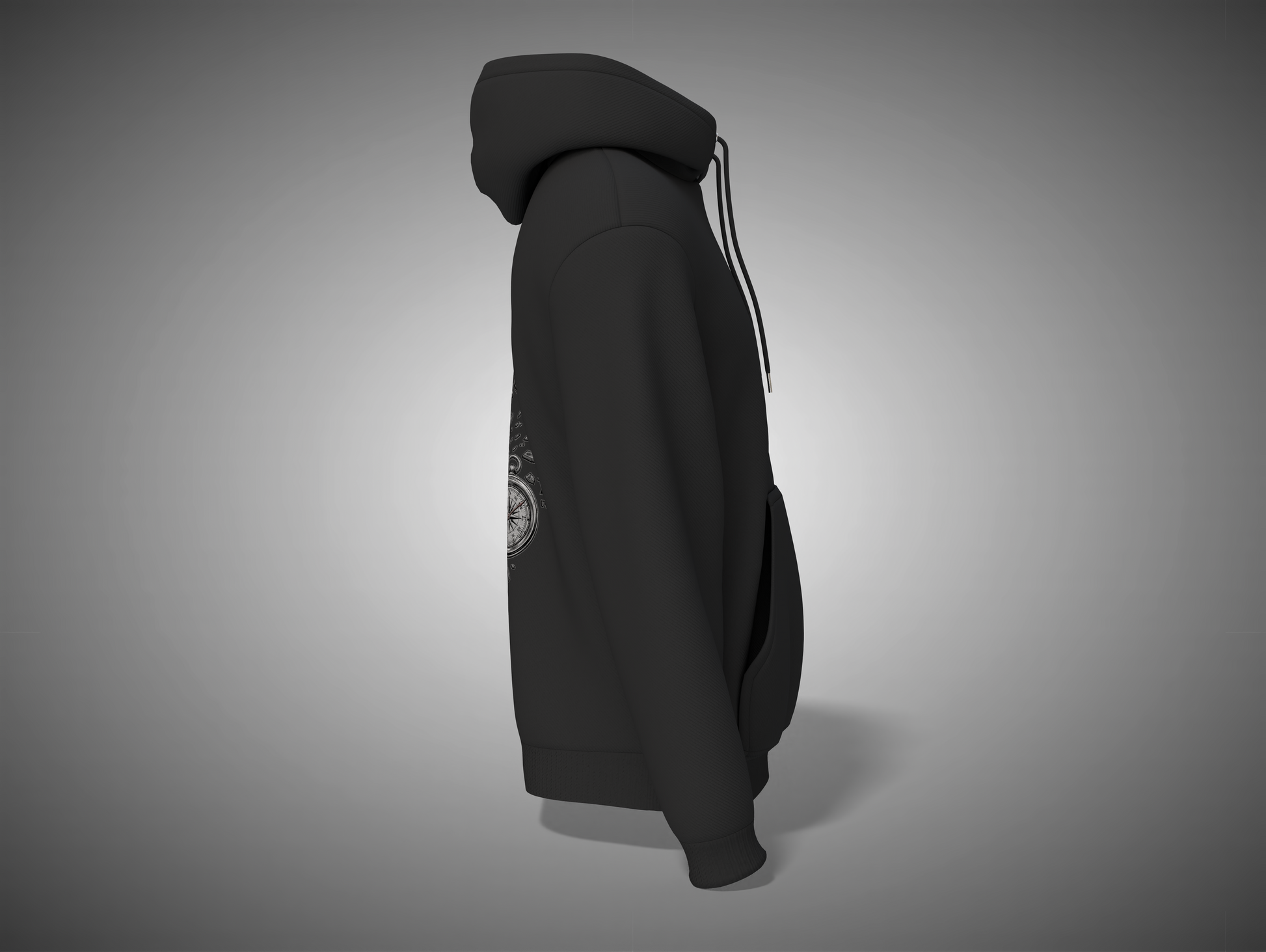 Black hoodie with a logo on the sleeve against a gray background