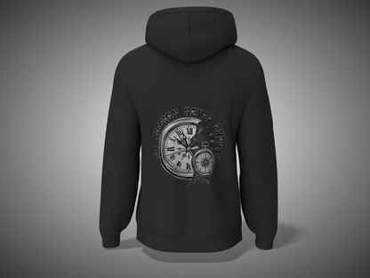 Black hoodie with a clock design on the back against a gray background