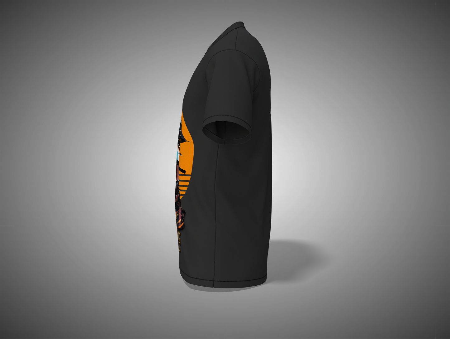 Black t-shirt with orange and white graphic design on a gray background