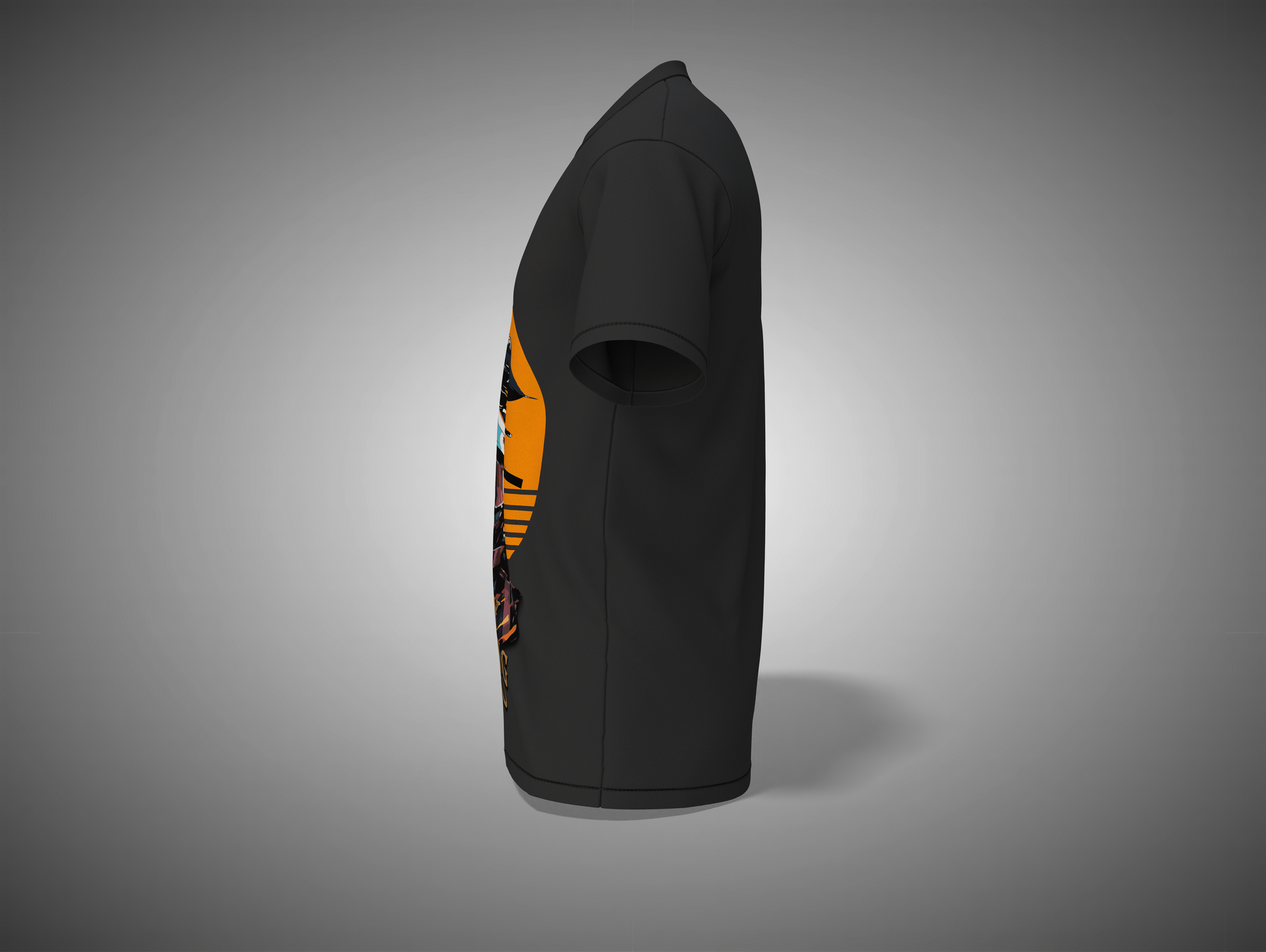 Black t-shirt with orange and white graphic design on a gray background