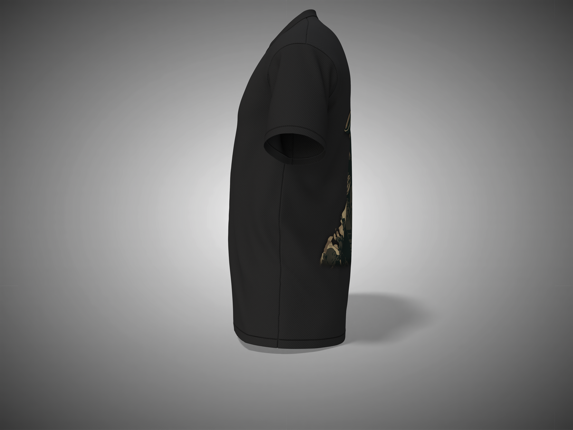 Black t-shirt with a small graphic on the sleeve against a gray background