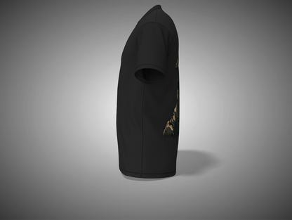 Black t-shirt with a small graphic on the sleeve against a gray background