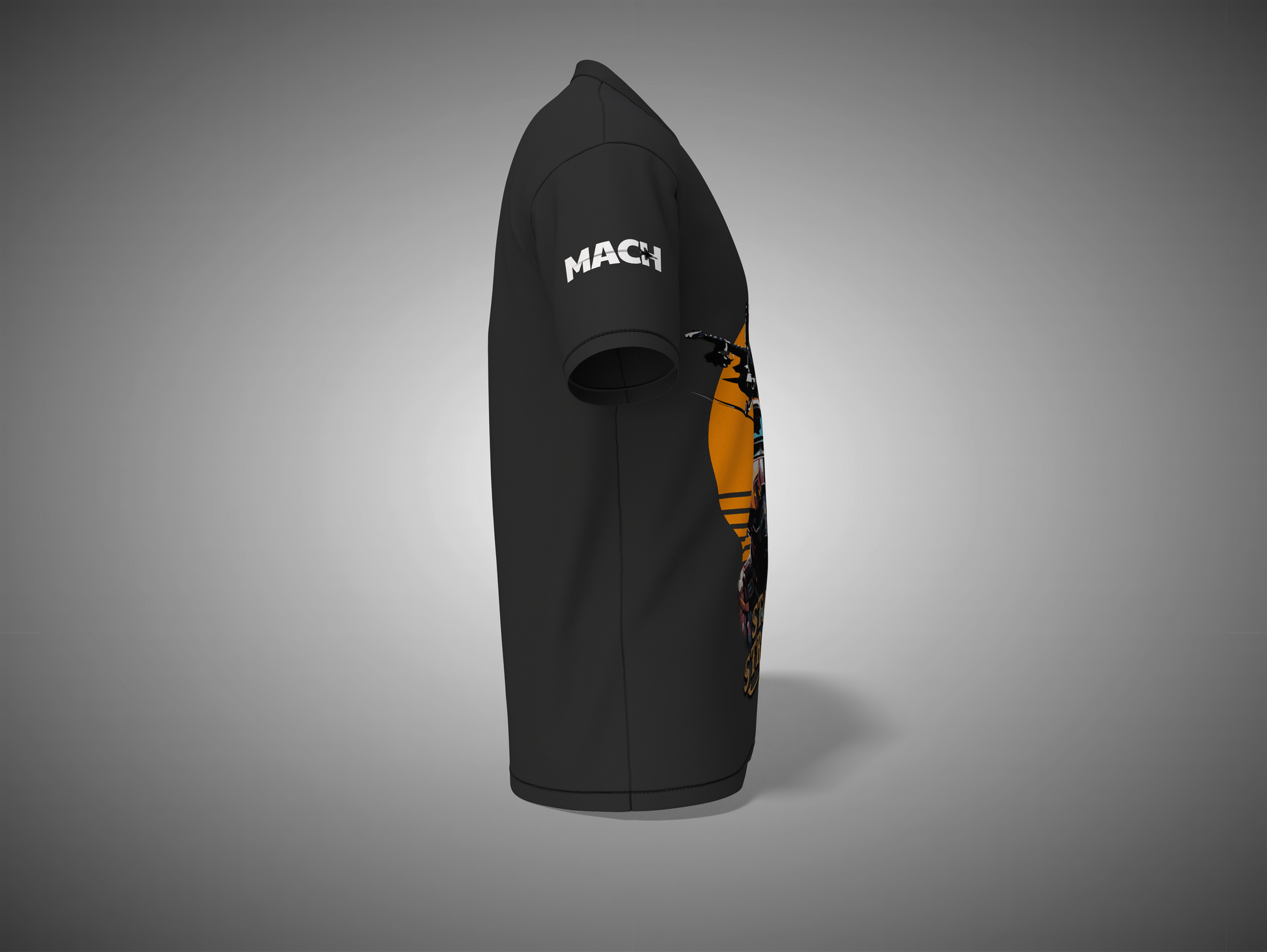 Black t-shirt with a logo on the sleeve against a gray background