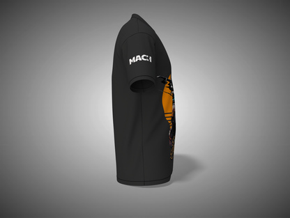 Black t-shirt with a logo on the sleeve against a gray background