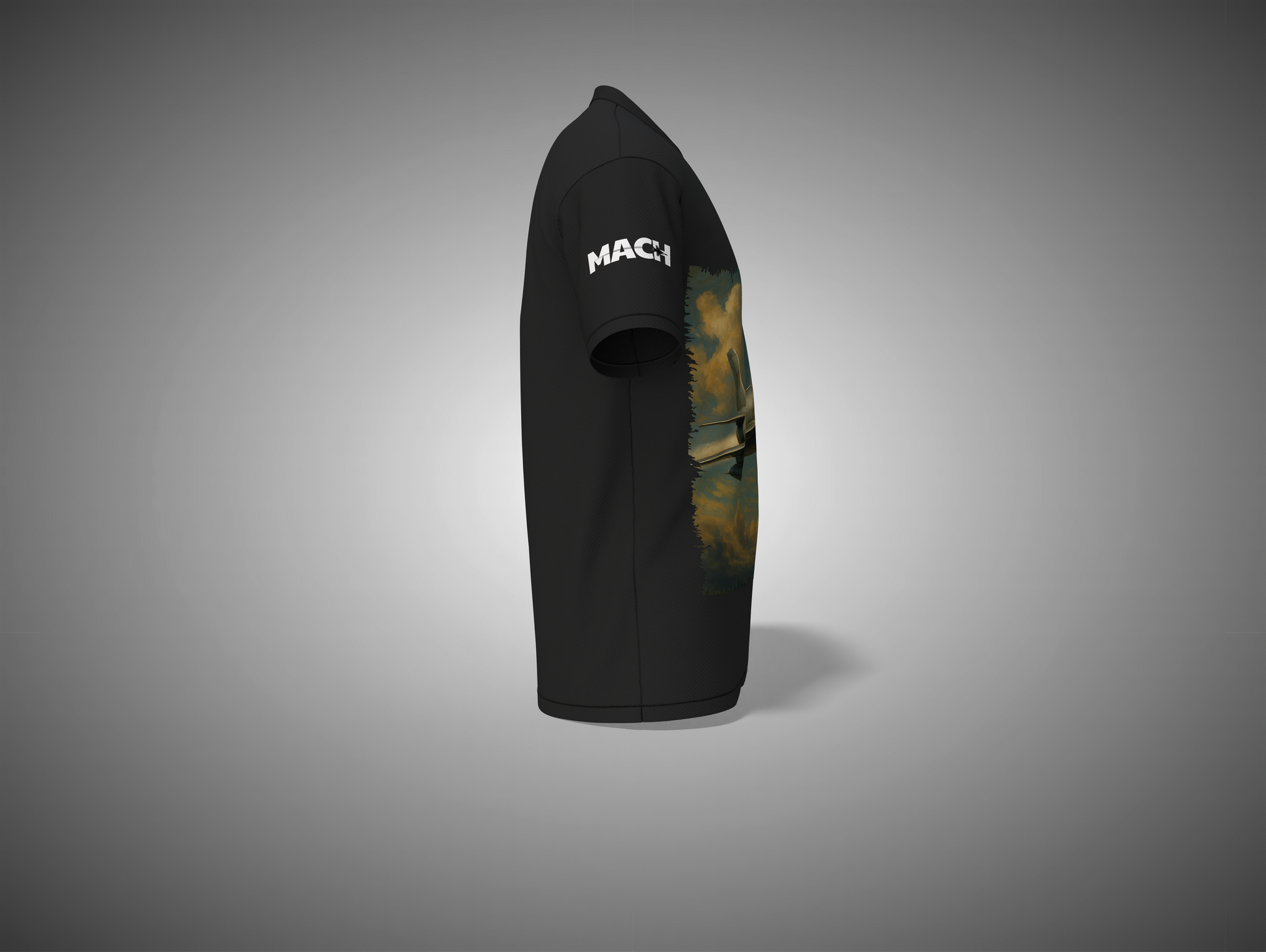 Black t-shirt with camouflage design and 'MAC' branding on a gray background