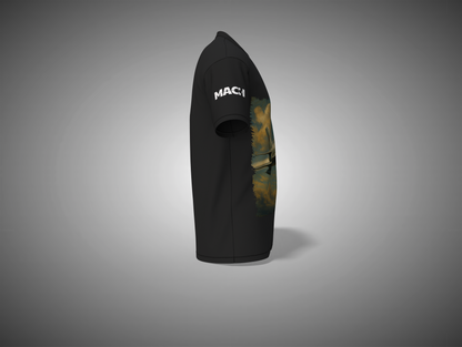 Black t-shirt with camouflage design and 'MAC' branding on a gray background