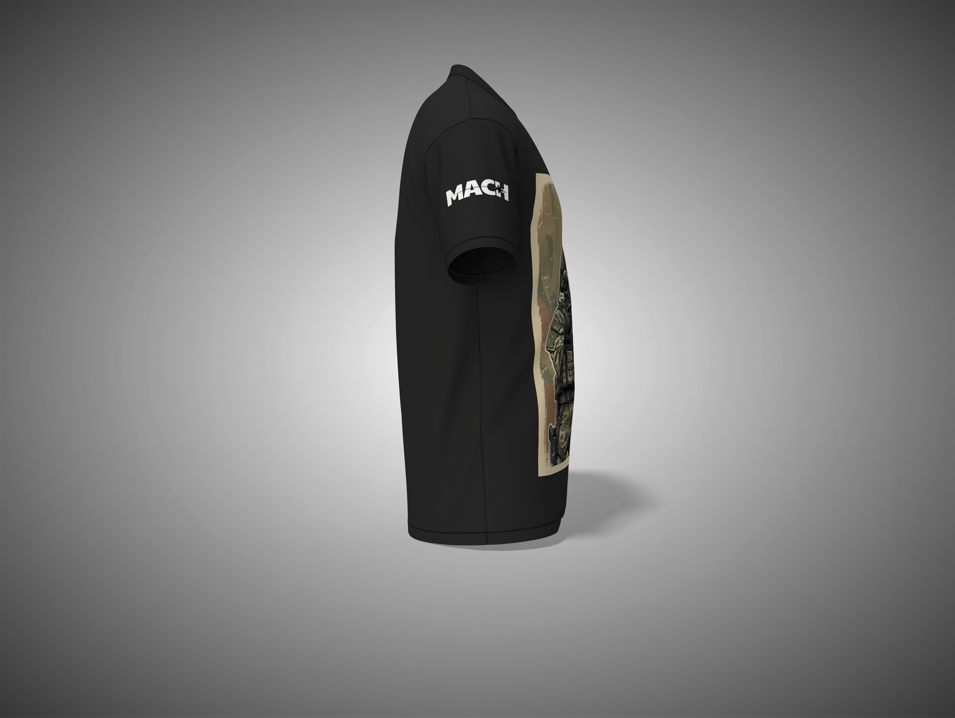 Black t-shirt with a graphic design on a gray background