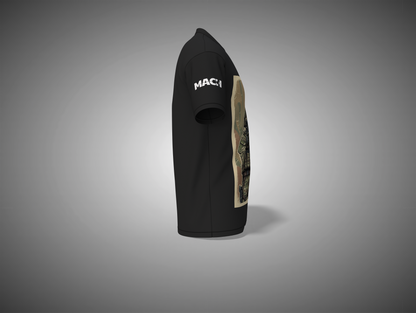 Black t-shirt with a graphic design on a gray background