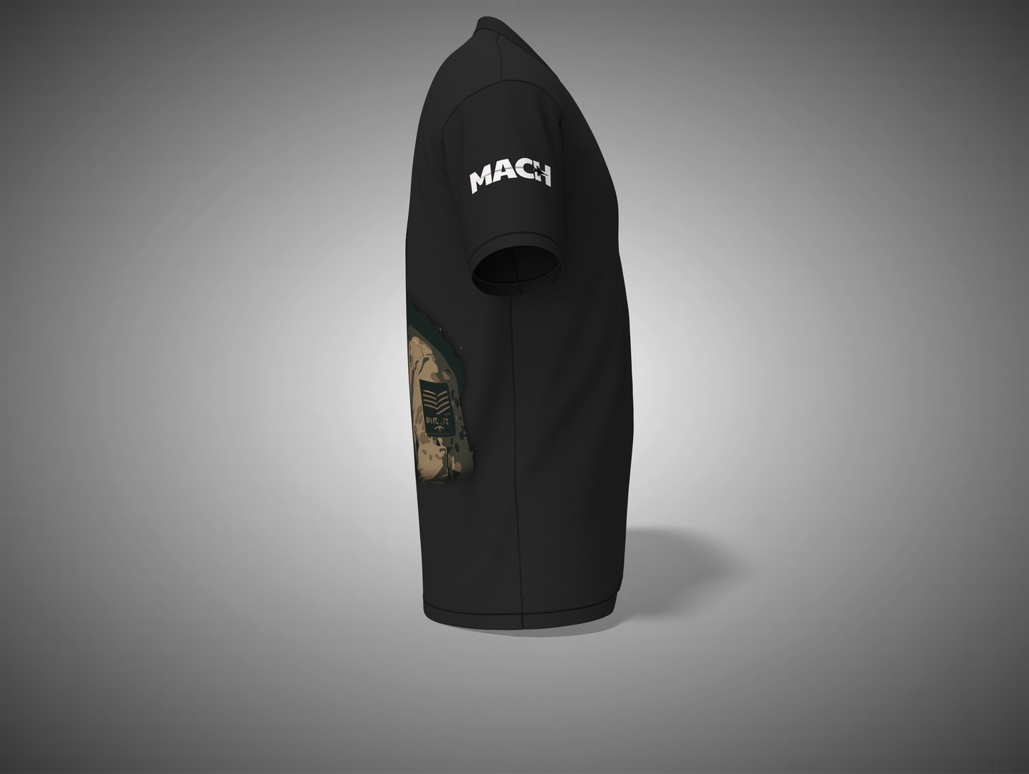 Black t-shirt with a logo on the sleeve against a gray background