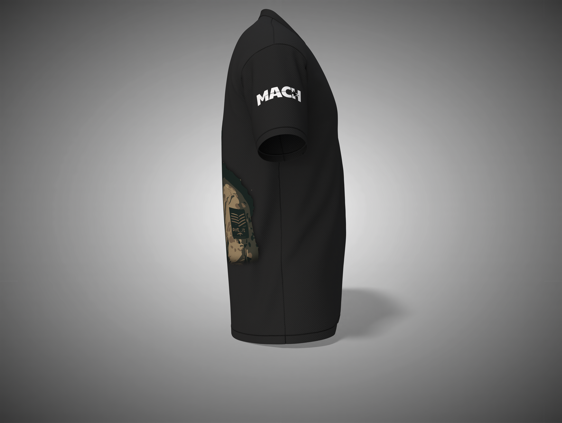 Black t-shirt with a logo on the sleeve against a gray background