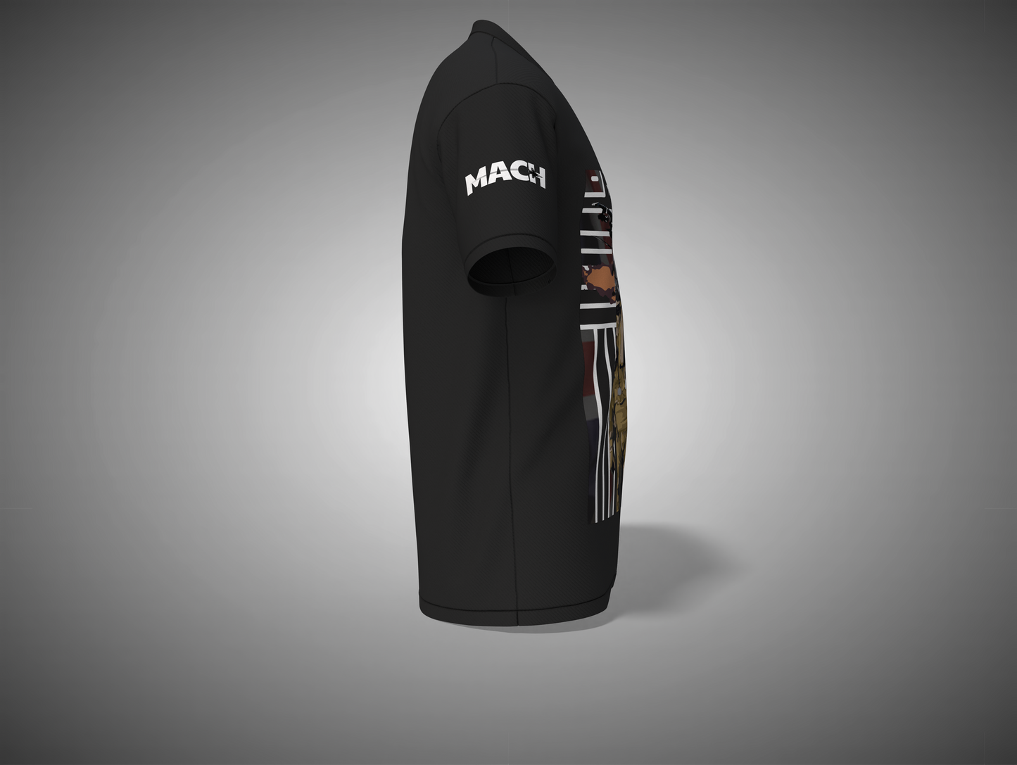 Black t-shirt with 'MACH' branding on a gray background