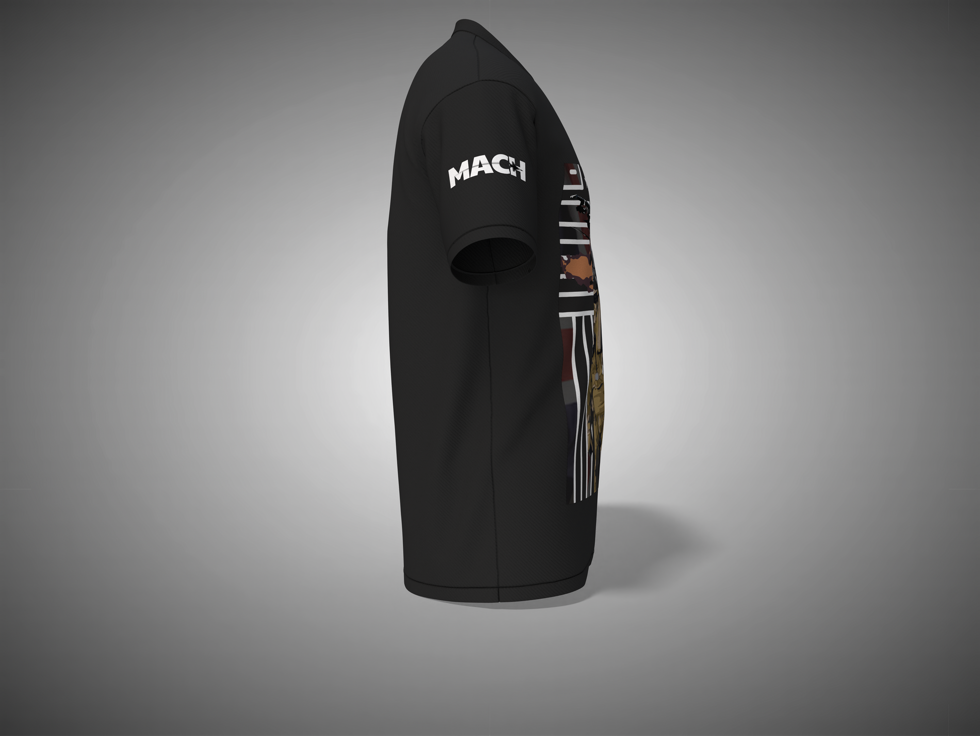 Black t-shirt with 'MACH' branding on a gray background