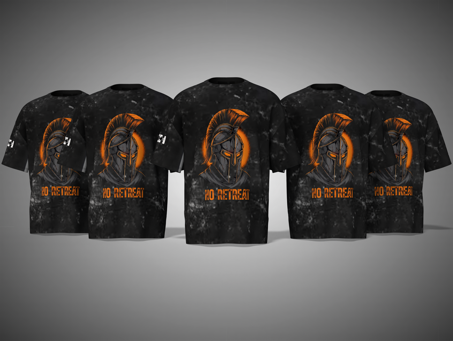 Black t-shirts with orange graphics and 'No Retreat' text on a gray background