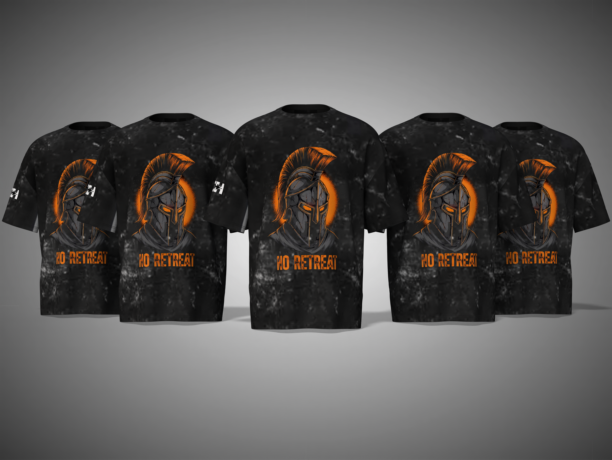 Black t-shirts with orange graphics and 'No Retreat' text on a gray background