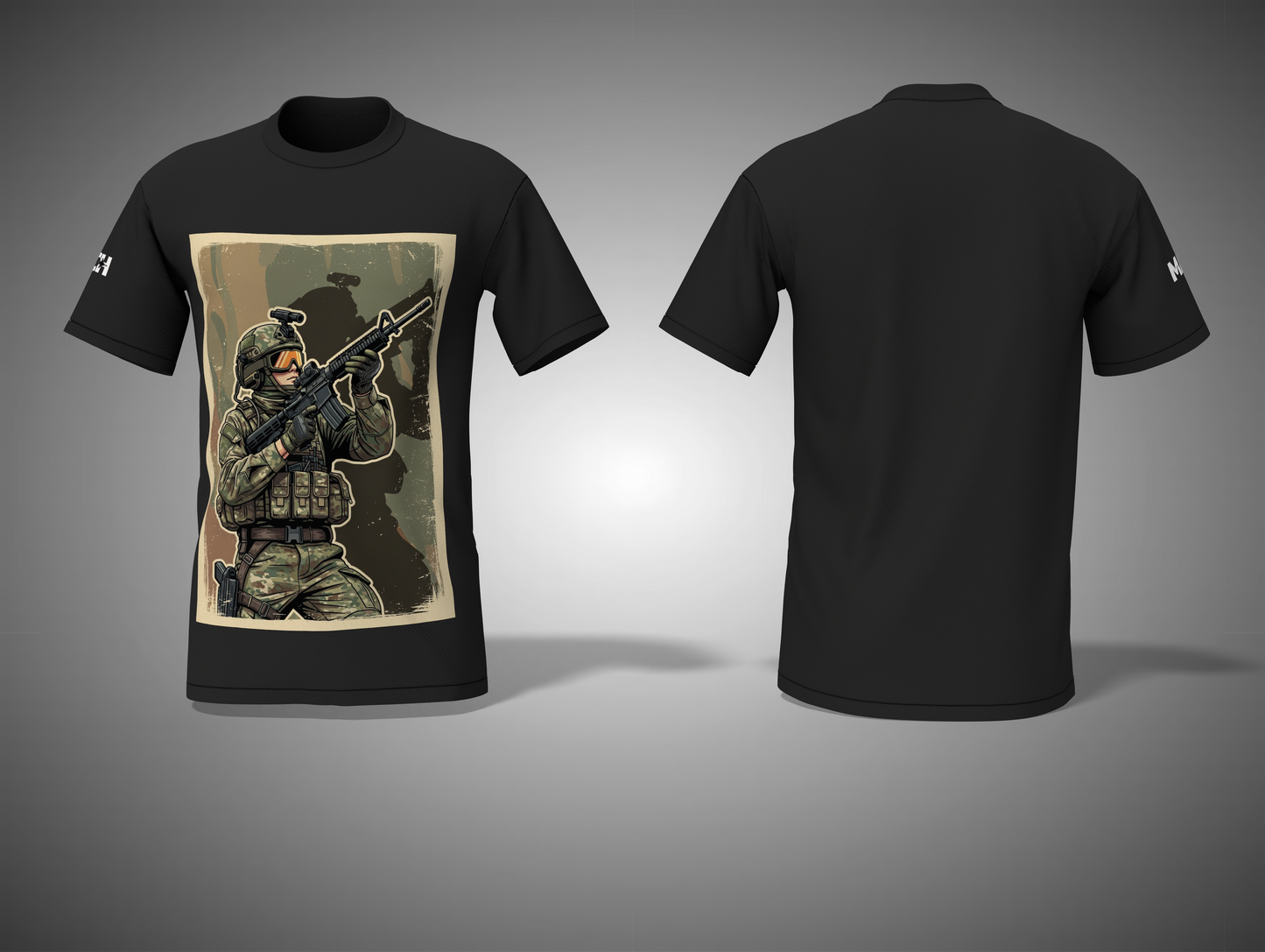 Black t-shirt with a graphic of a soldier holding a rifle on the front, displayed against a gray background.