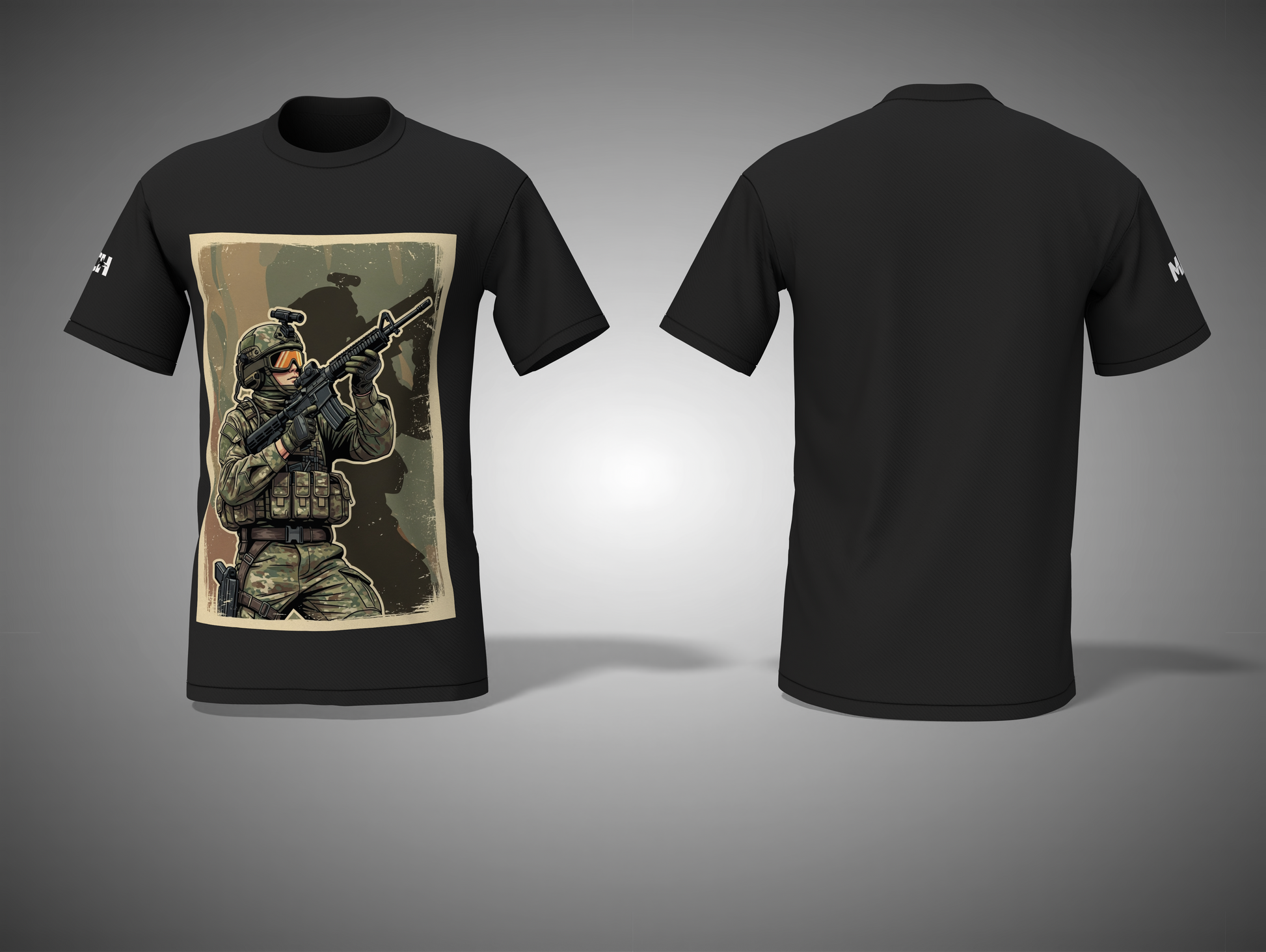 Black t-shirt with a graphic of a soldier holding a rifle on the front, displayed against a gray background.