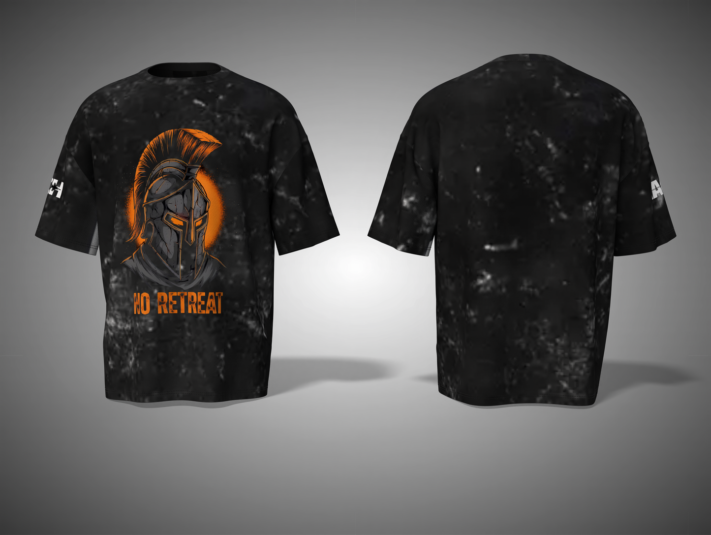 Black tie-dye t-shirt with orange graphic and 'No Retreat' text on a gray background