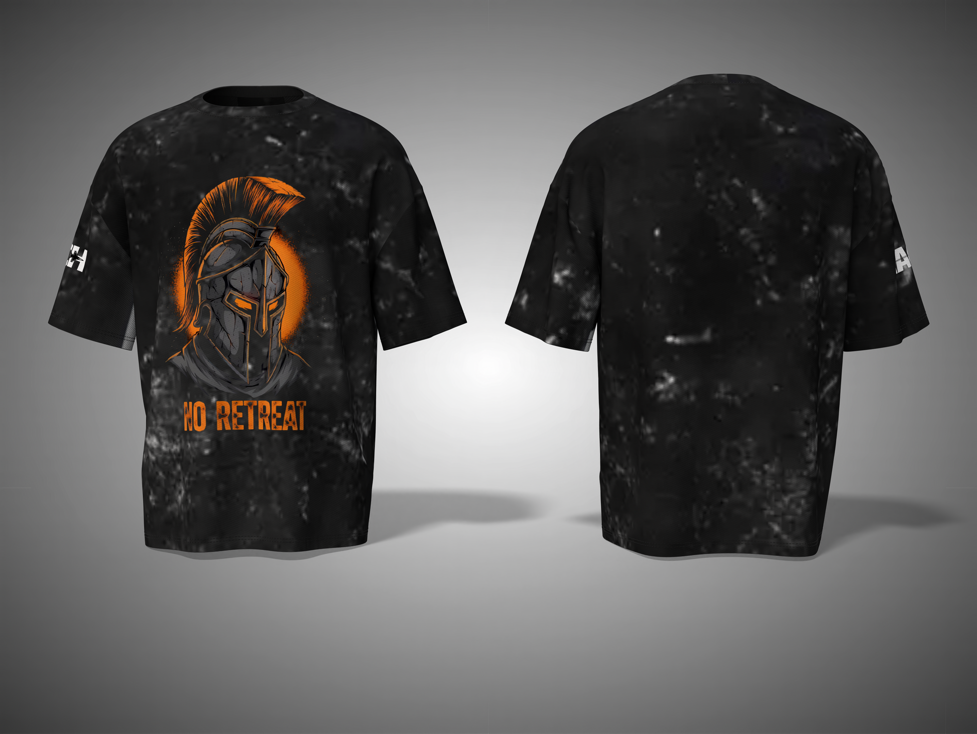 Black tie-dye t-shirt with orange graphic and 'No Retreat' text on a gray background