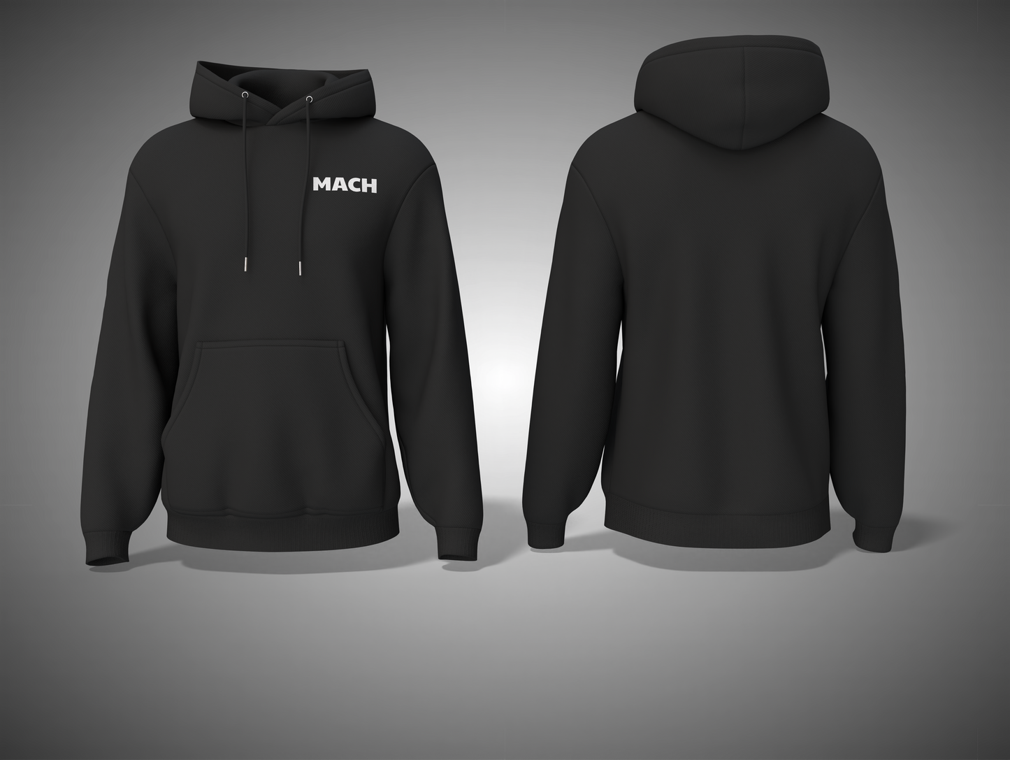 Black hoodie with 'MACH' branding on a gray background