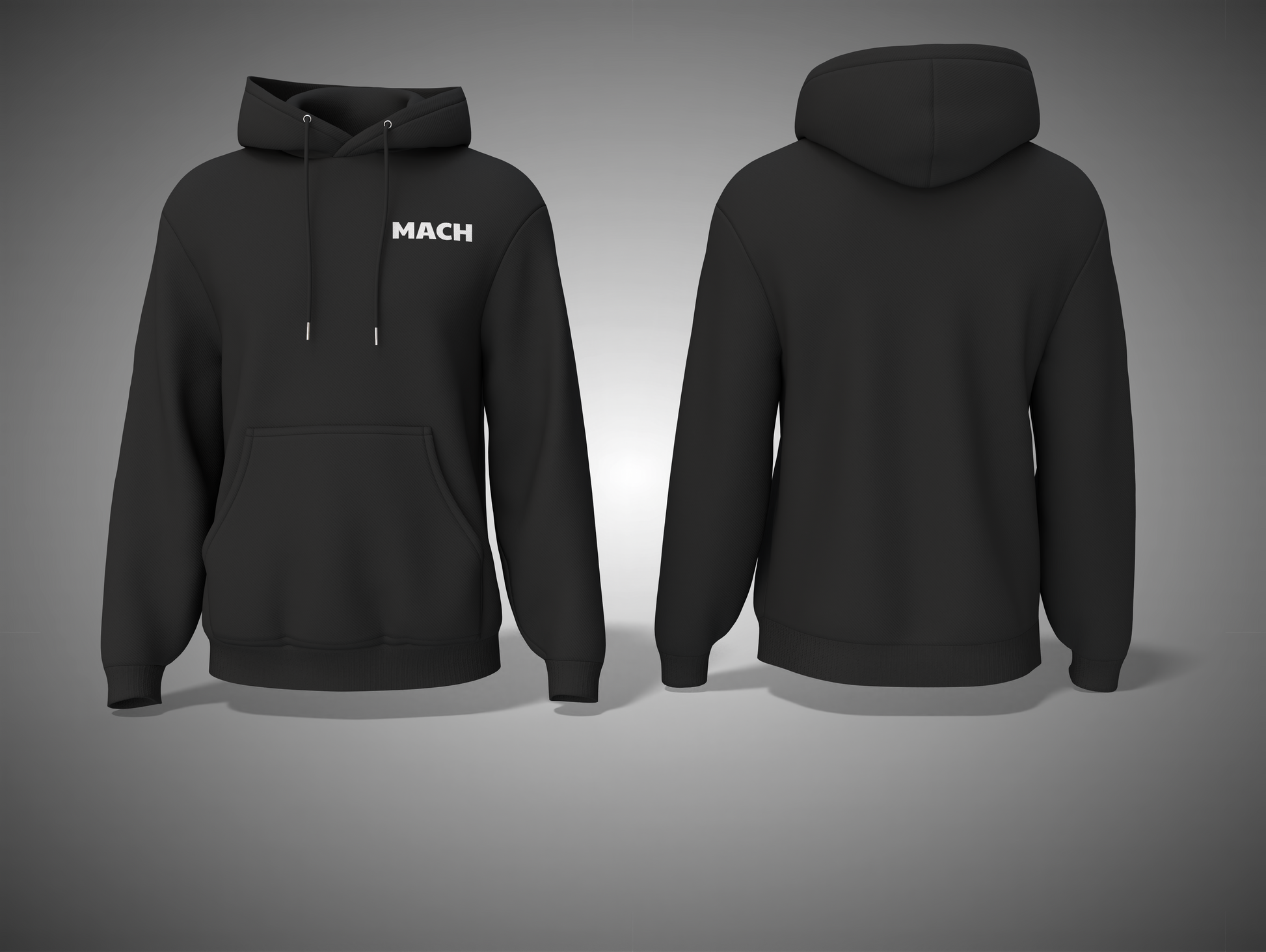 Black hoodie with 'MACH' branding on a gray background