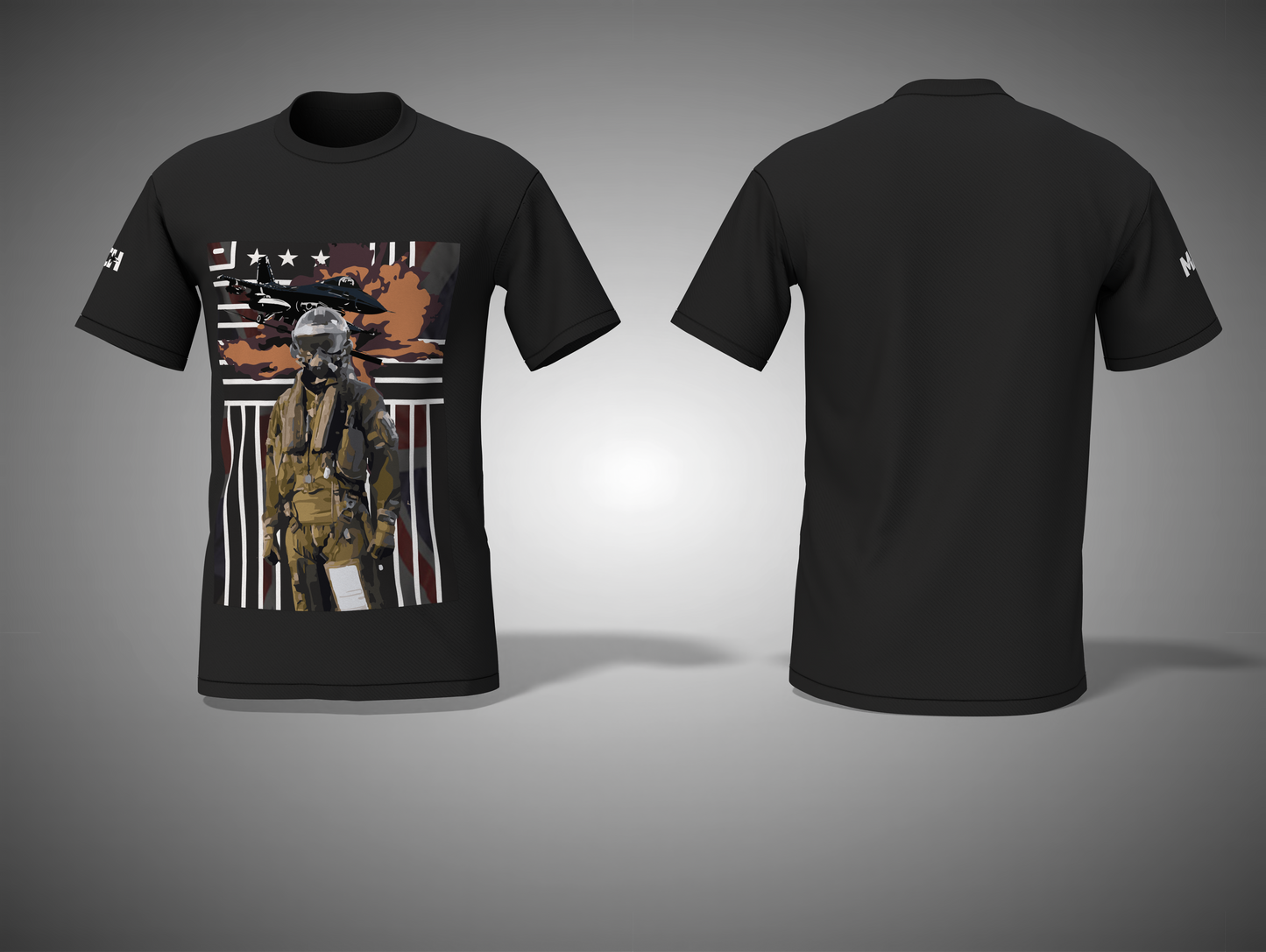 Black t-shirt with a graphic design on the front and plain back, displayed on a gray background.