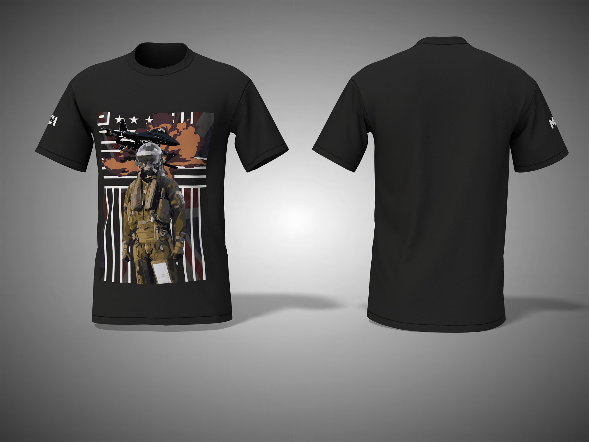 Black t-shirt with a graphic design on the front and plain back, displayed on a gray background.