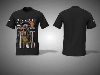 Black t-shirt with a graphic design on the front and plain back, displayed on a gray background.