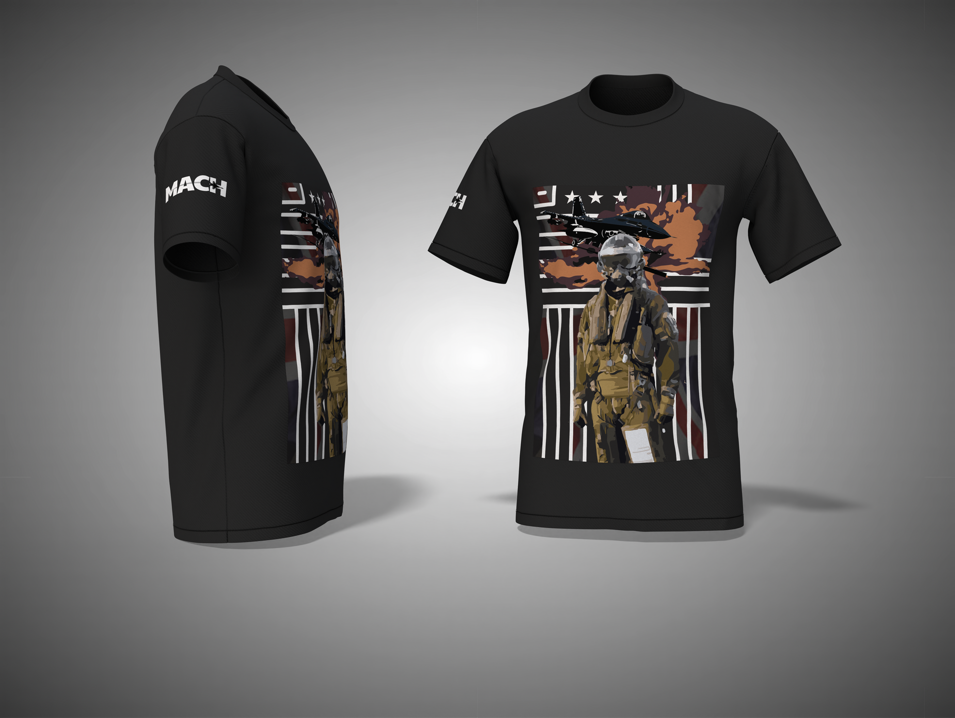 Black t-shirt with a graphic design on the front and plain back, displayed on a gray background.