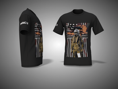 Black t-shirt with a graphic design on the front and plain back, displayed on a gray background.