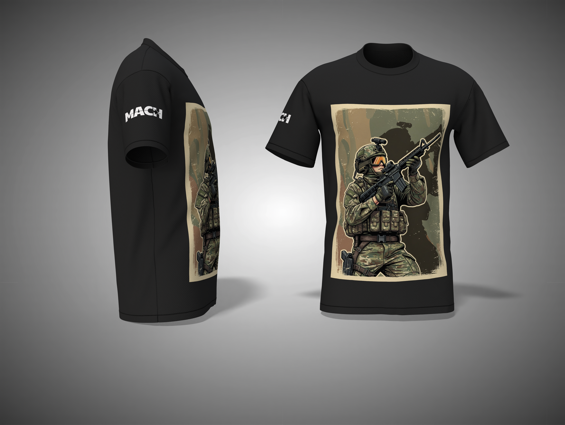 Black t-shirt with a graphic of a soldier holding a rifle on a gray background