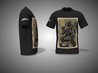 Black t-shirt with a graphic of a soldier holding a rifle on a gray background