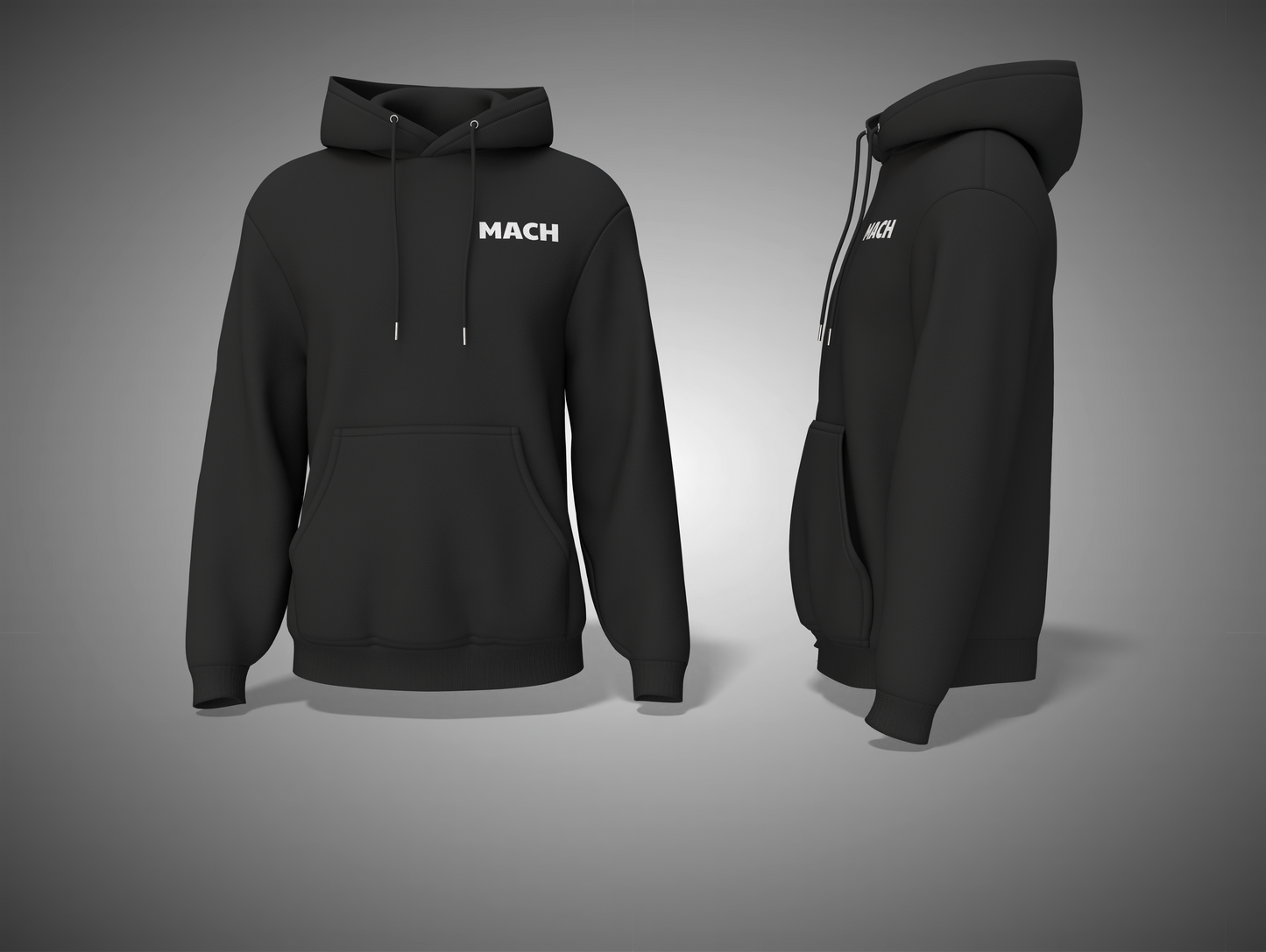 Black hoodie with 'MACH' branding on a gray background
