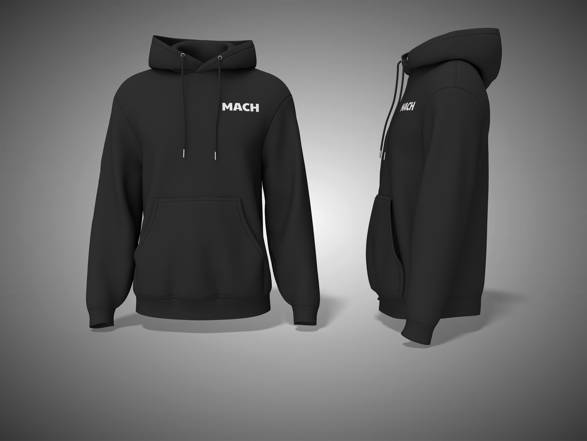 Black hoodie with 'MACH' branding on a gray background