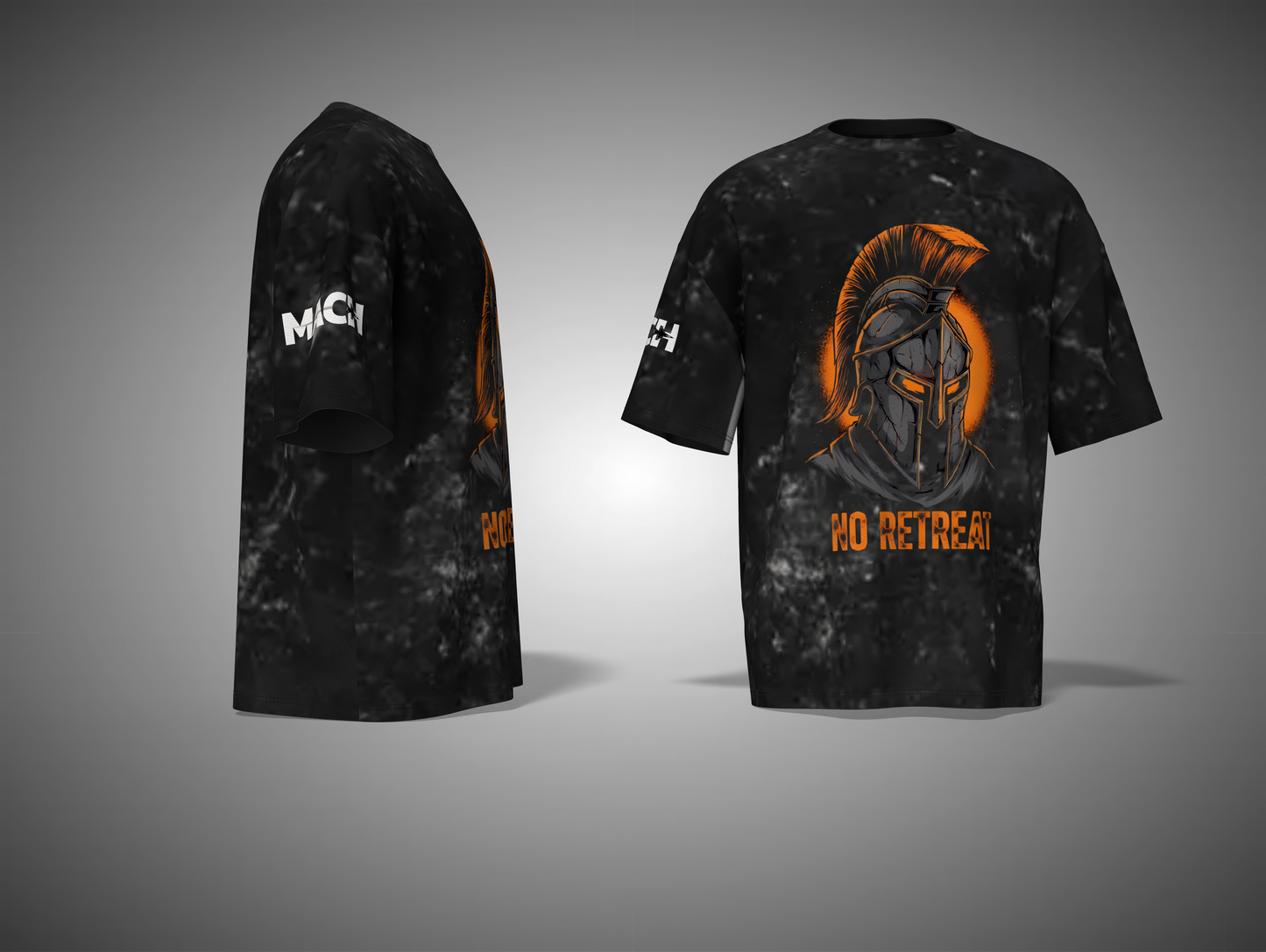 Black t-shirt with graphic design and text on a gray background