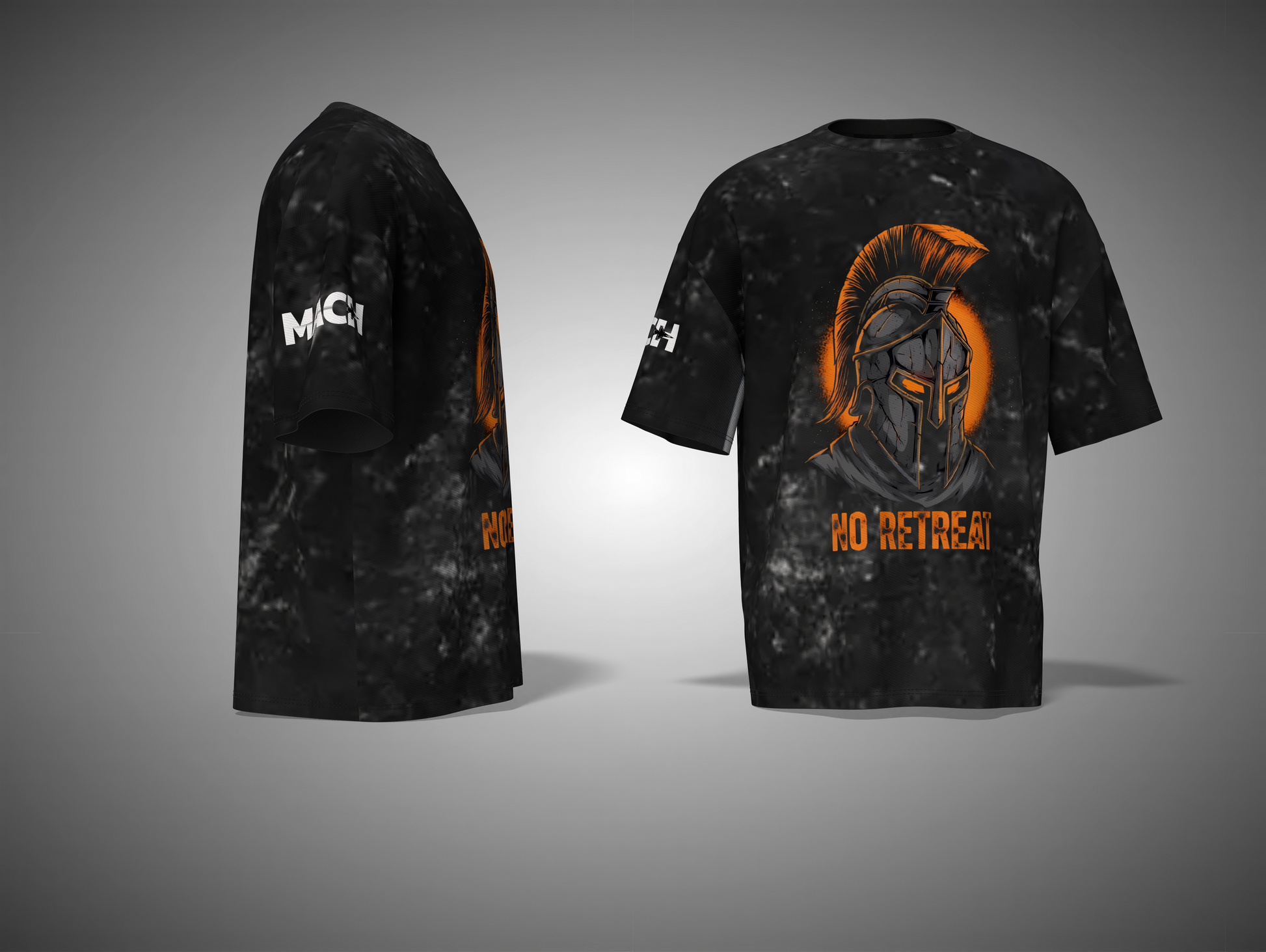 Black t-shirt with graphic design and text on a gray background