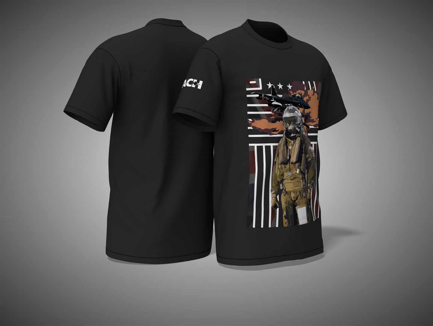 Black t-shirt with graphic design on a gray background