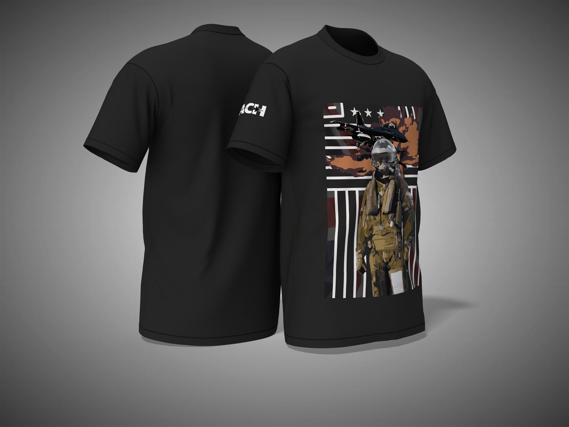 Black t-shirt with graphic design on a gray background