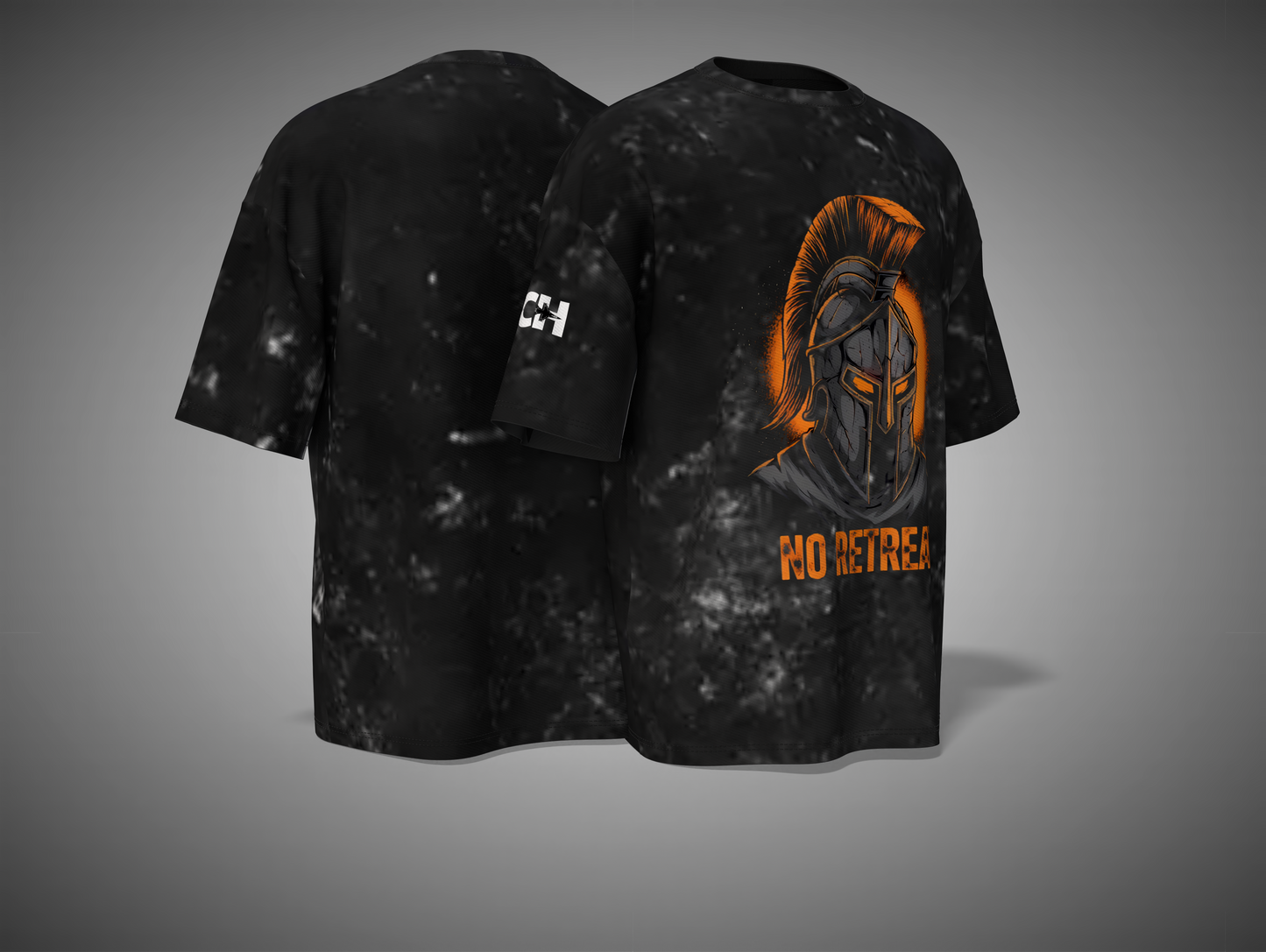 Black tie-dye t-shirt with orange and gray graphic design on a gray background