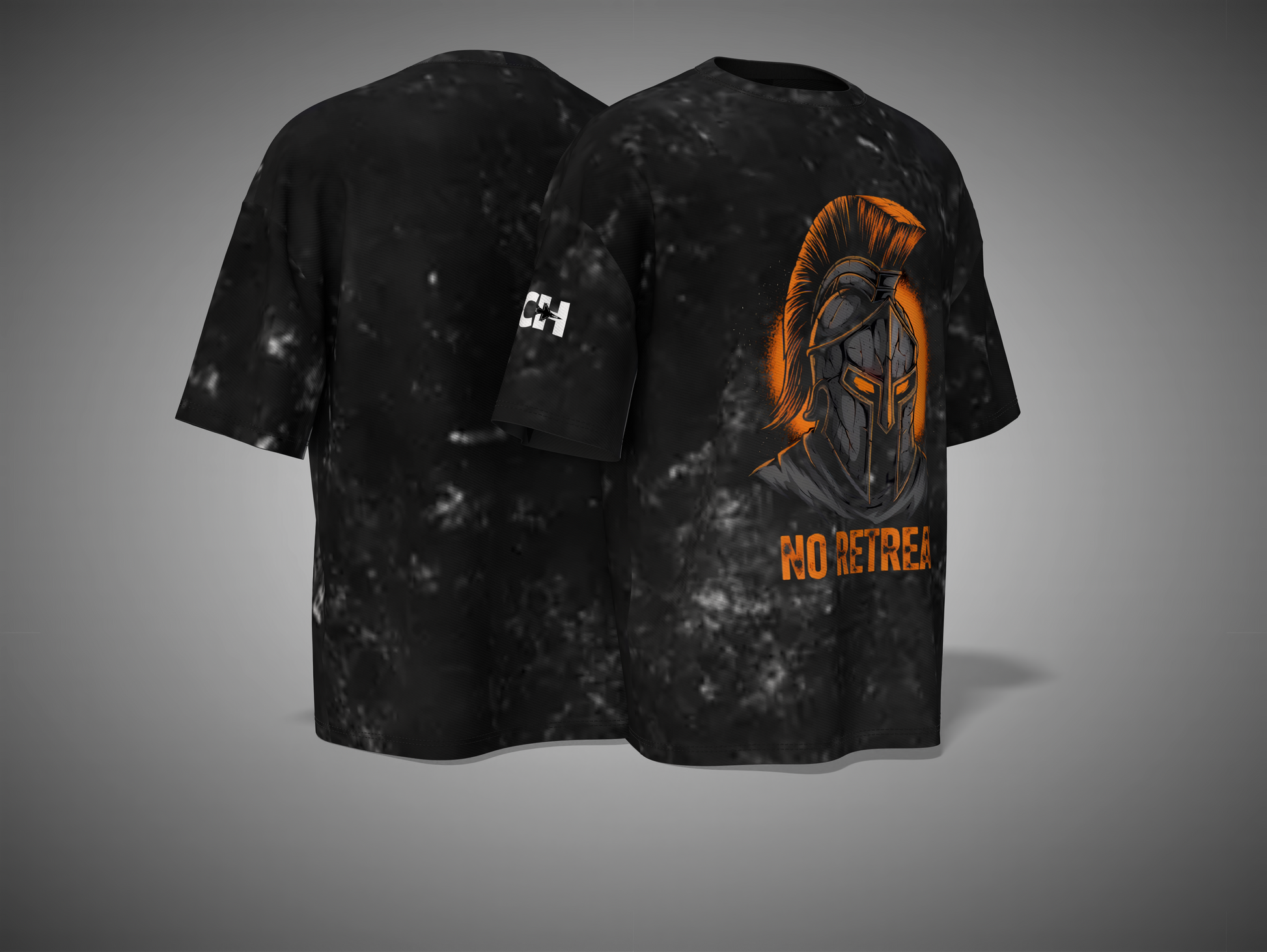 Black tie-dye t-shirt with orange and gray graphic design on a gray background