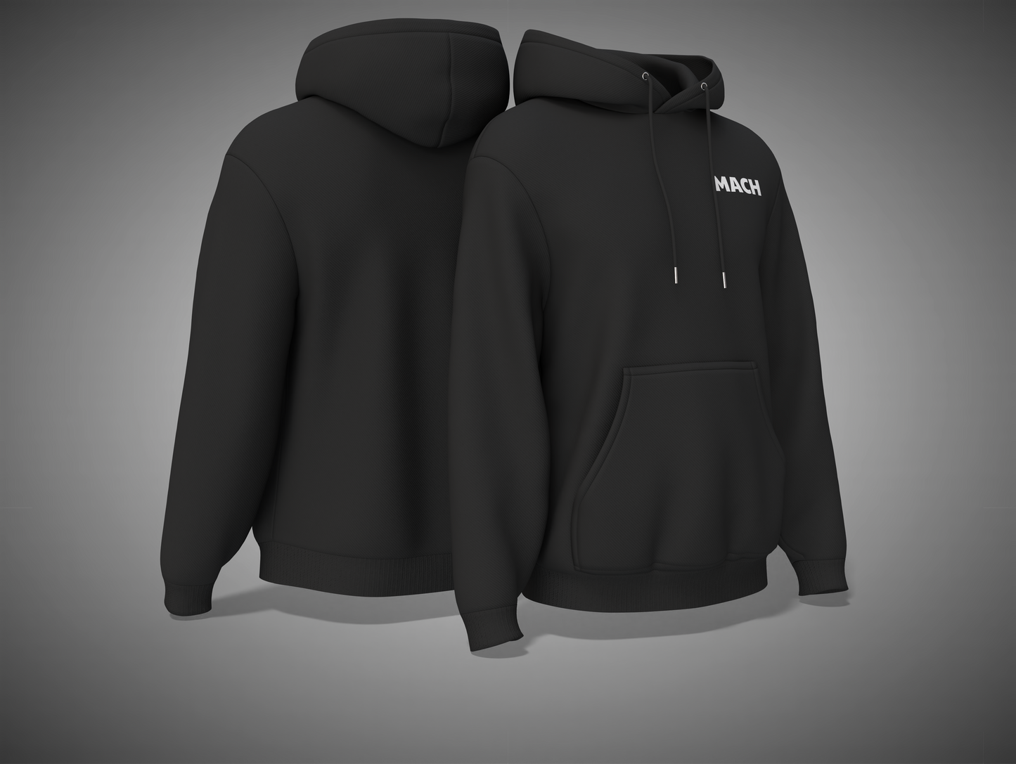 Black hoodie with 'MACH' branding on a gray background