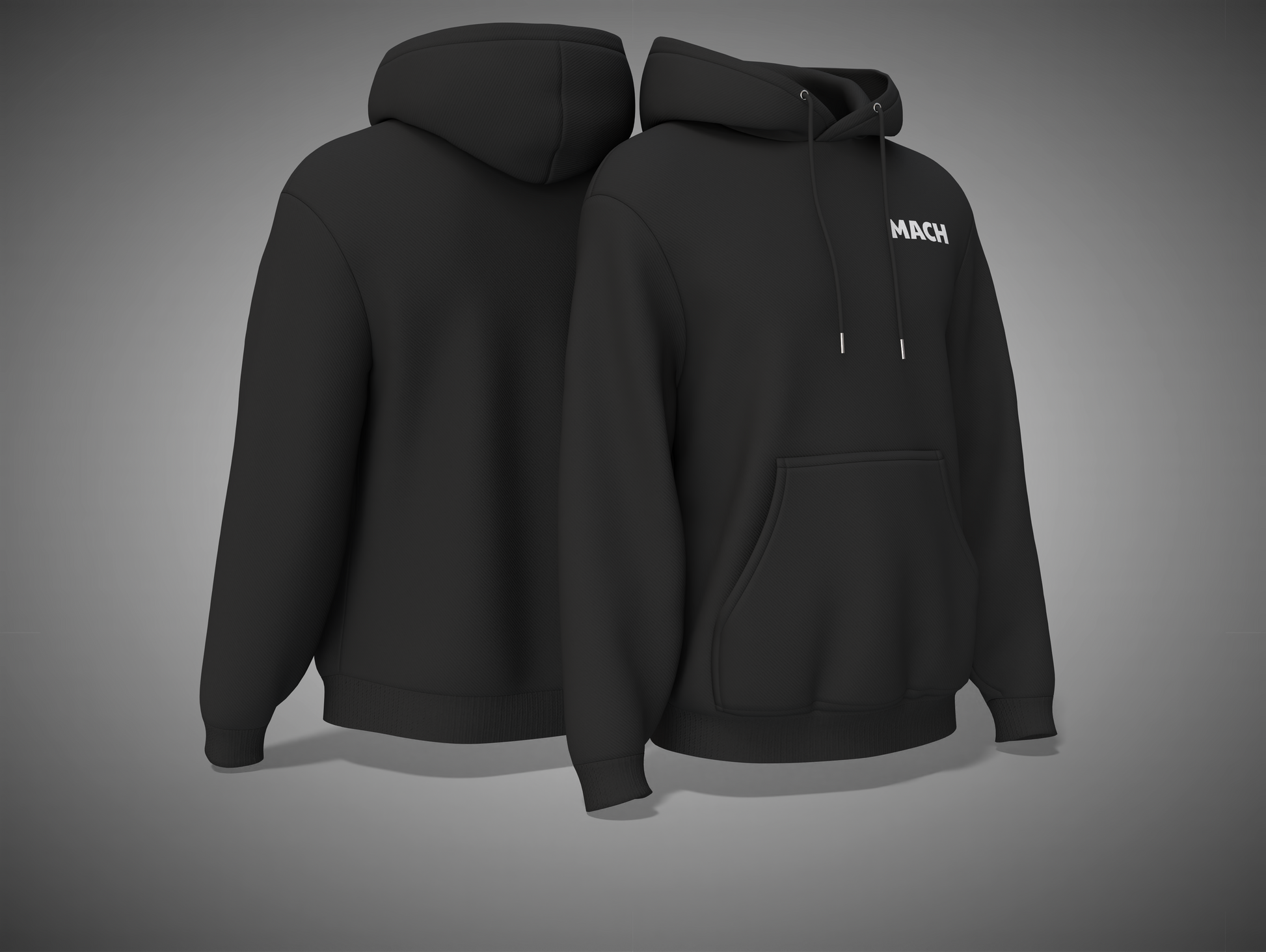 Black hoodie with 'MACH' branding on a gray background