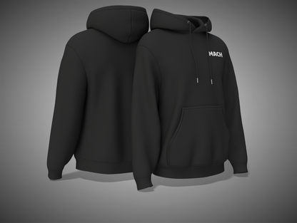 Black hoodie with 'MACH' branding on a gray background