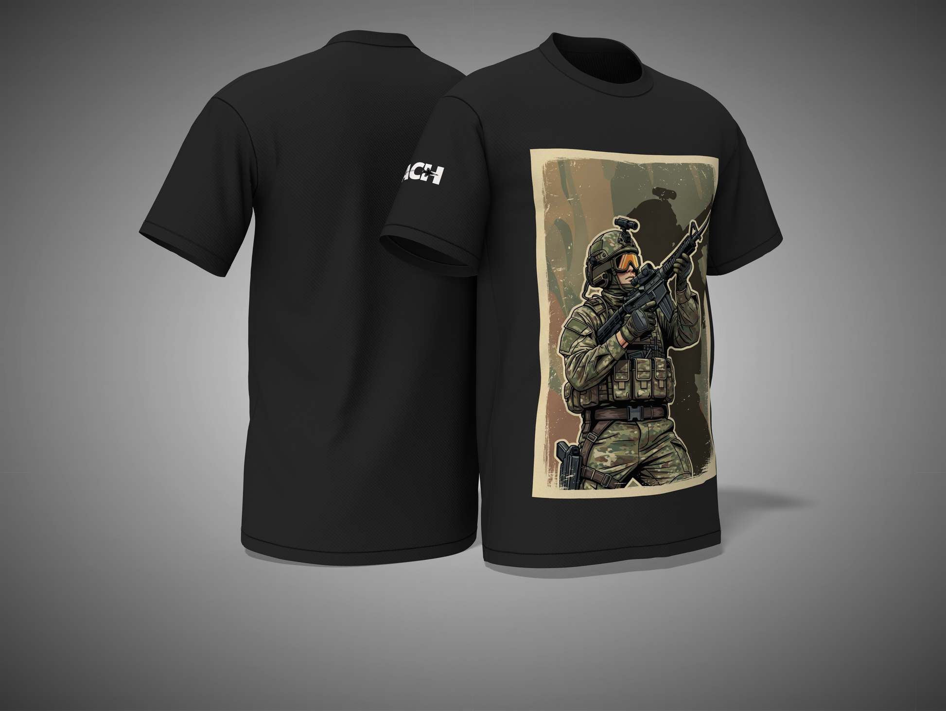 Black t-shirt with a graphic of a soldier on a gray background